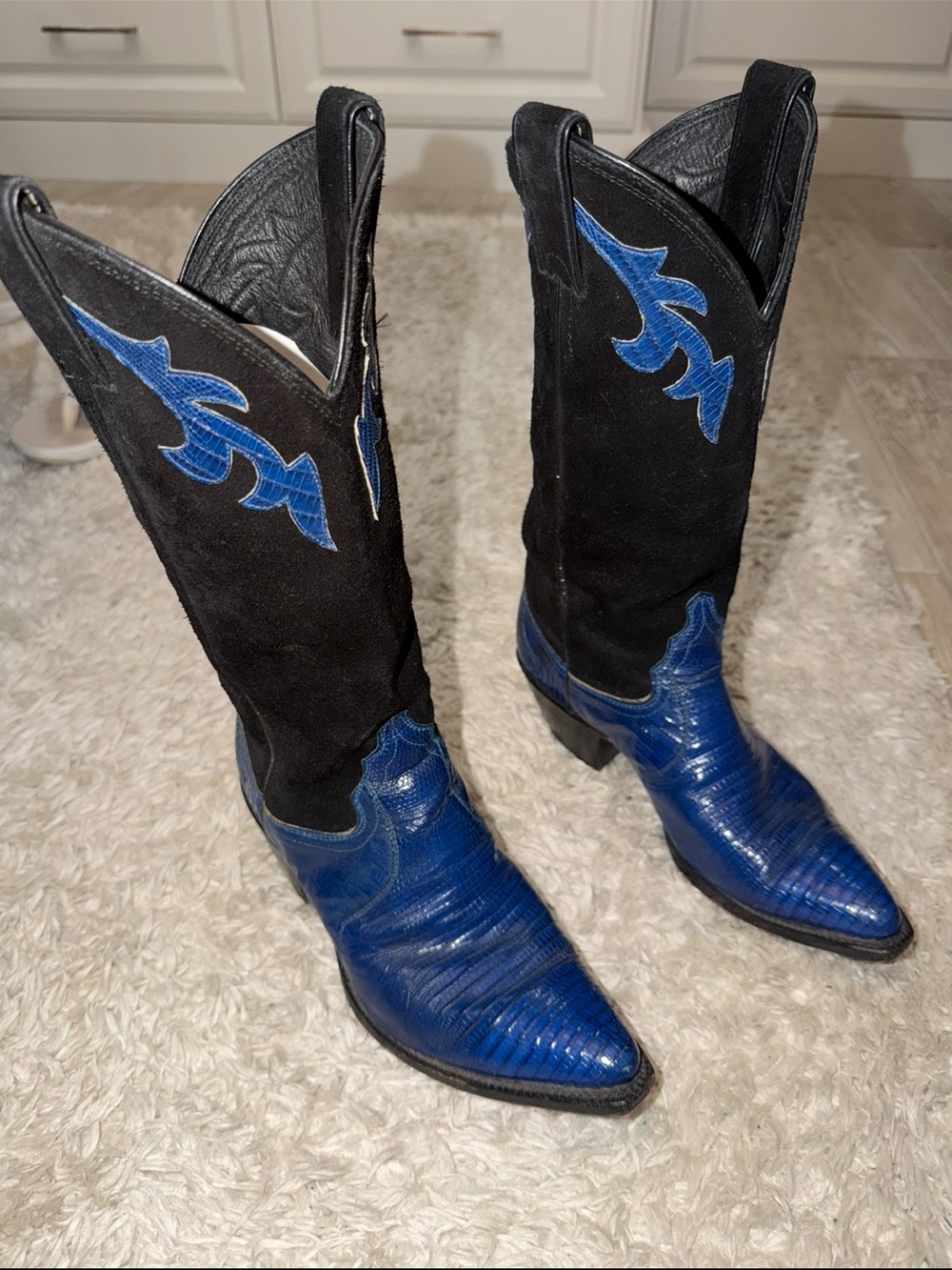 Womens Black Suede and Blue Lizard Leather Western Boots